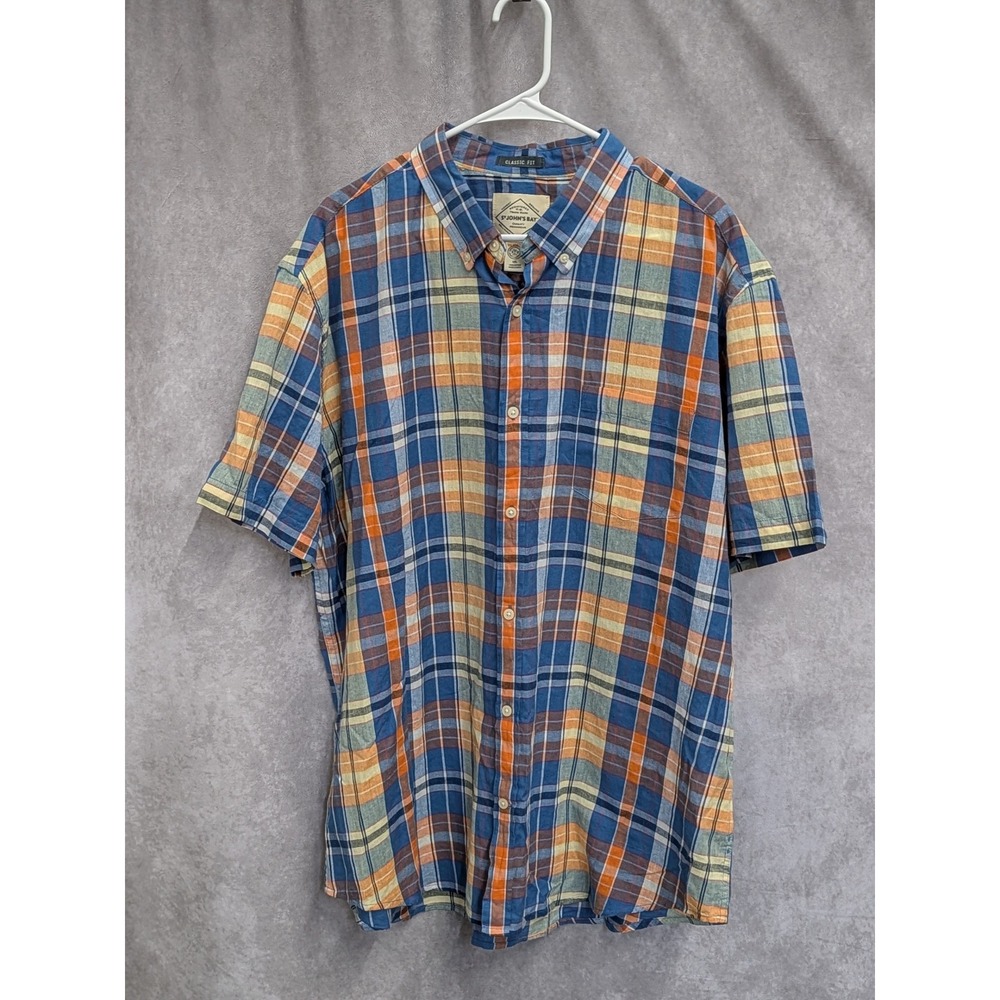 St Johns Bay Mens XXL Plaid Short Sleeve Button Shirt Blue‎ Orange Cotton C110